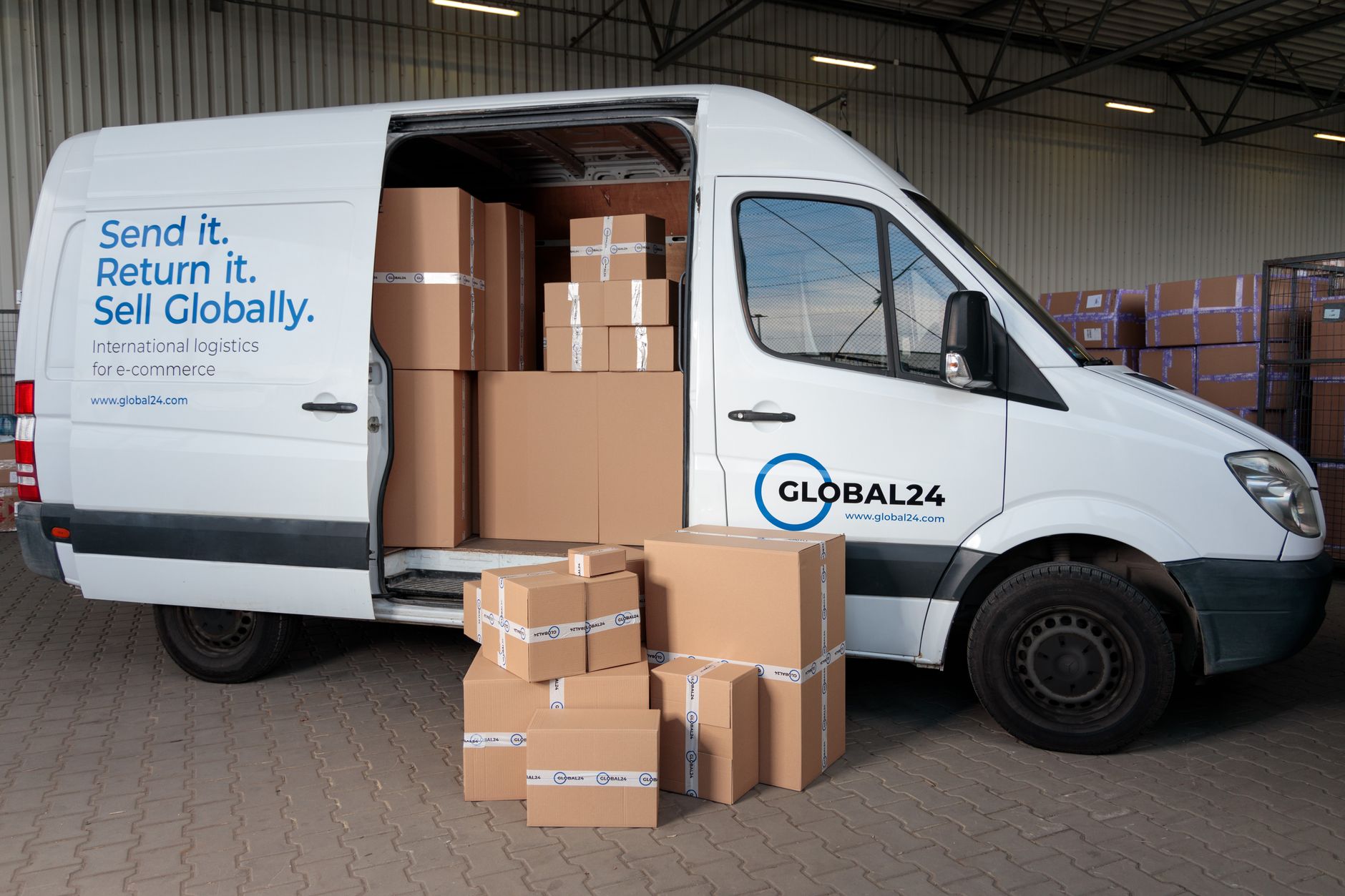 boxes in delivery truck in warehouse